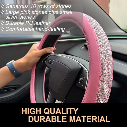 PINCTROT D Shaped Bling Comfy Steering Wheel Cover with Jumbo Crystal Rhinestones, Anti-Slip Diamond Leather, Flat Bottom 14.5-15 Inch (All Pink)