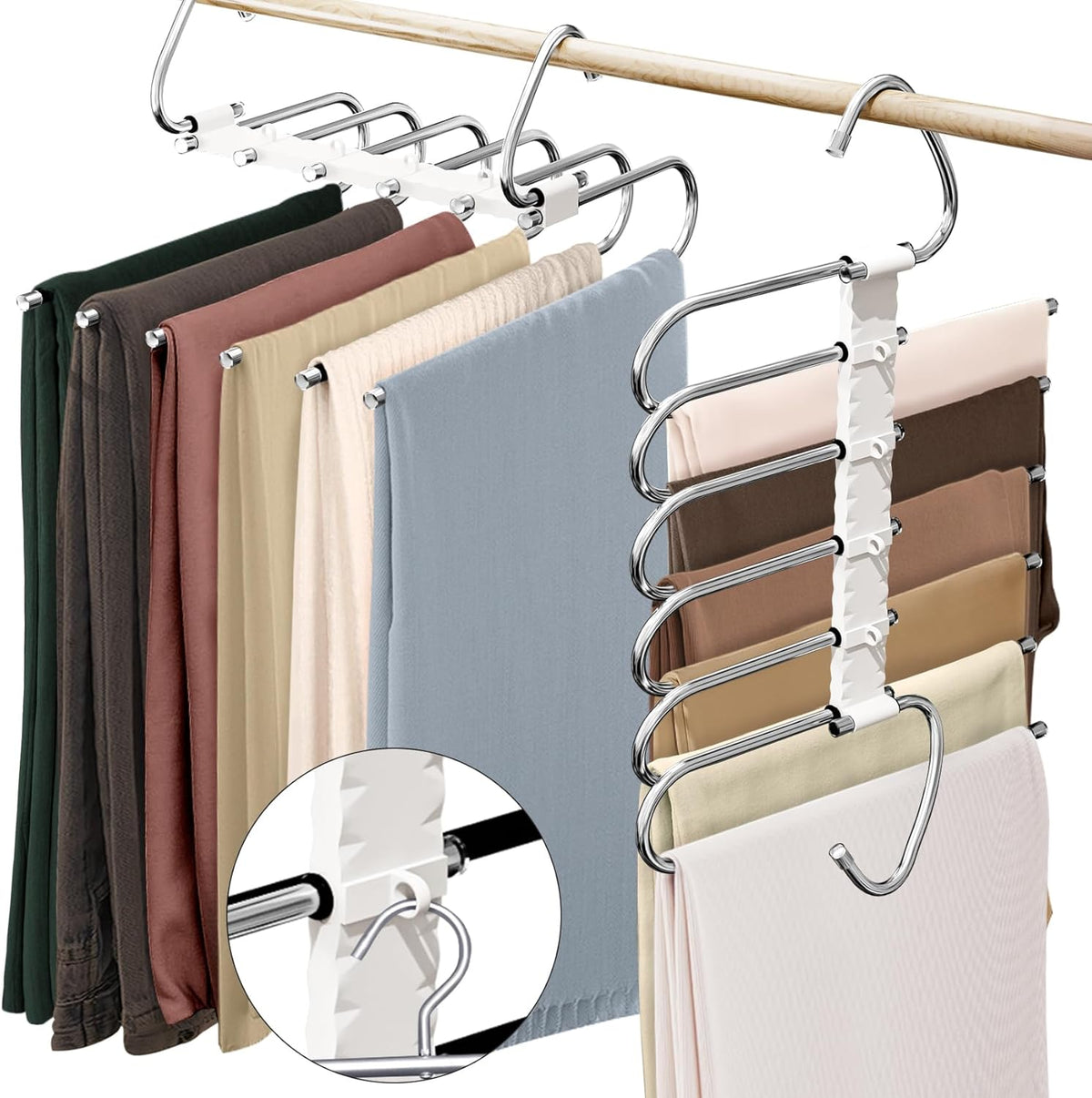 Upgrade 6 Layers Pants Hangers Space Saving, 2 Pack Non Slip Stainless Steel Multifunctional Pants Rack S-Type Pant Closet Hanger Organizer with Hooks for Pants Leggings Trousers, Antiquewhite