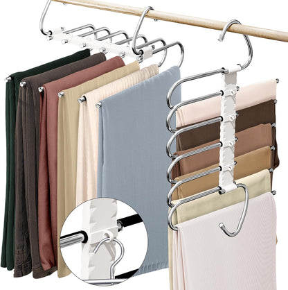 Upgrade 6 Layers Pants Hangers Space Saving, 2 Pack Non Slip Stainless Steel Multifunctional Pants Rack S-Type Pant Closet Hanger Organizer with Hooks for Pants Leggings Trousers, Antiquewhite