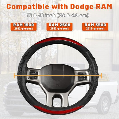 GIANT PANDA Steering Wheel Cover for Dodge Ram 1500 - Car Steering Wheel Covers for Dodge Ram 2500 3500 15.5-16 inch - Red