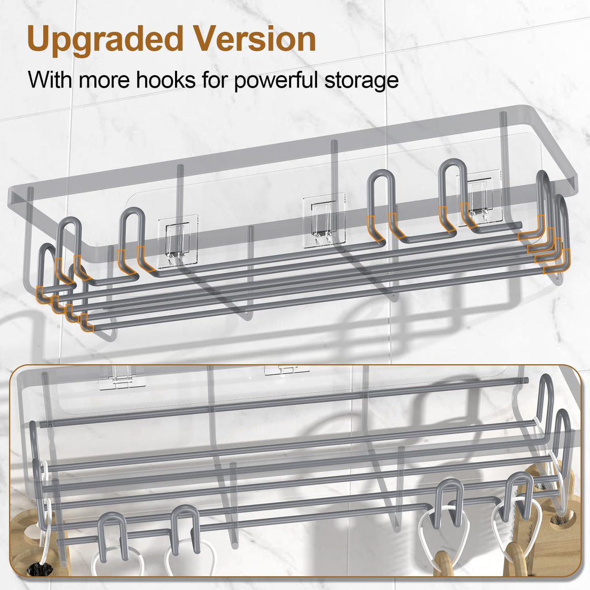 2025 New Adhesive Shower Caddy, Shower Shelves with 16 Hooks, Grey 2 Pack