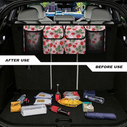 Car Trunk Organizer Pink Strawberry Back Seat Car Organizer Equipped with Robust Elastic Net, Hanging Car Storage Organizer with Lids, Space Saving Expert