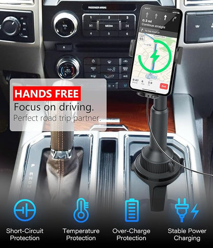 APPS2Car 15W Qi Wireless Car Charger Solid Cup Holder Mount, Adjustable Long Arm & 360° Rotation, Fits 3"–4" Round Cup Holders, Works with Cases ≤ 4 mm (No Metal Attachments)