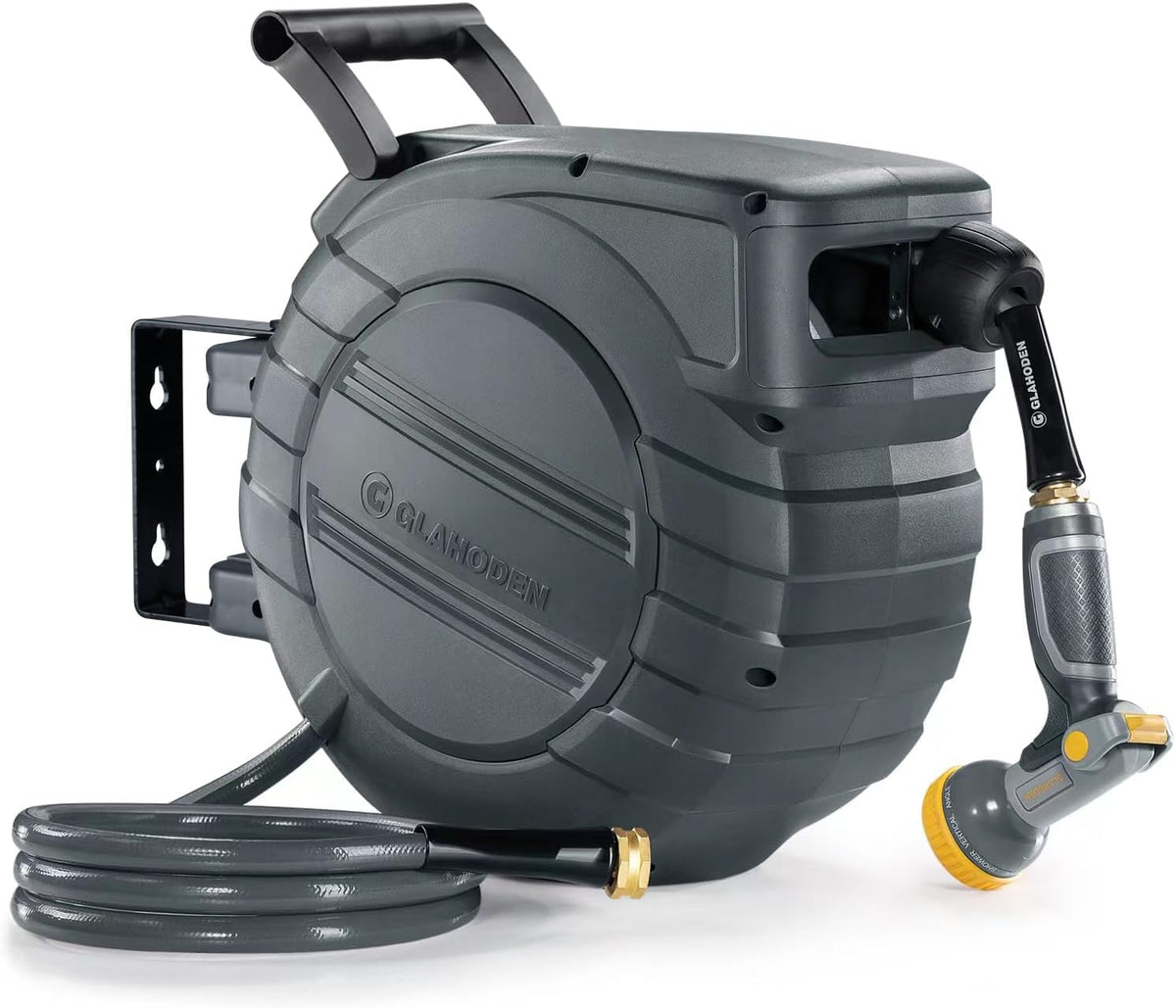 Retractable Garden Hose Reel 1/2 in x 50 ft Metal Bracket, 2025 Upgraded Dual Ratchet Lock UV & Freeze Protection Brass Seal Slow Retraction Anti-Tangle Hose 180°Swivel