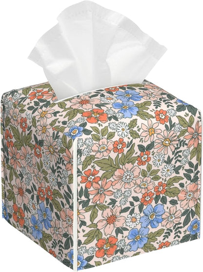 POIUBLE Vintage Floral Tissue Box Cover Leather Tissue Box Holder Square Facial Paper Organizer Dispenser for Bathroom Kitchen Bedroom Vanity Countertop Night Stands
