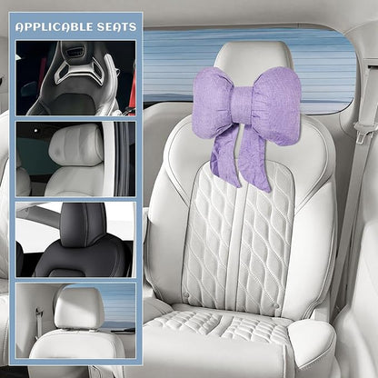 Sun Walker Bow Car Headrest Pillow, Breathable Bow-Shaped Vehicle Neck Pillow with Adjustable Strap, Ergonomic Neck Support Cushion Driving Seat Decoration for Women Girls (Purple)