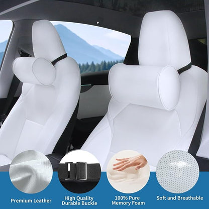 Car Headrest Pillow for Driving - Luxury Leather 100% Memory Foam, Ergonomic Neck Support - Universal Fit Head Rest Travel Pillow for Most Cars, Home & Office, White, 1 Pack