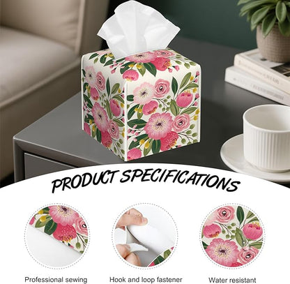 Spring Flowers Bouquet Tissue Box Cover Square,Tissue Box Holder with Belt Bottom,Stylish Leather Napkin Holder for Vanity Countertop,Nightstands,Office Desk,5.2"×5.2"×5.2"