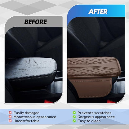 Car Center Console Cover, 11.8"×6.7" Leather Armrest Cover for Cars, Multifunctional Auto Armrest Cushion Pad with Storage Pocket, Universal Arm Rest Protector Car Accessories (Coffee)
