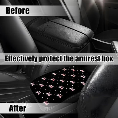 Car Center Console Cover, Waterproof Leather Bow Ribbon Vehicle Arm Rest Pad, Comfortable Automotive Interior Seat Box Armrest Protection Cushion Accessories, Universal Fit (Pink)