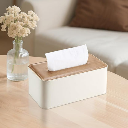 KINGFOM Tissue Box Cover, PU Leather Tissue Box Holder Rectangular, Modern Facial Tissue Paper Napkin Dispenser for Bathroom, Home, Office, Car Automotive Decoration with Magnetic Lid Light Beige