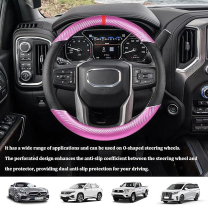 Car Steering Wheel Cover, Steering Wheel Accessories, 15 Inch Microfiber Leather Carbon Fiber Soft Anti-Slip Breathable, Car Accessories Elastic Non-Slip Cover for Most Vehicles (Pink)