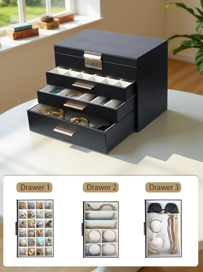 BOOVO Jewelry Boxes for Women, 5 Layer Jewelry Organizer with Necklace Hanger and Drawers, Large Jewelry Box for Earrings, Necklace and Bracelet Storage Gifts for Women and Girls (Black, 5 Layer)