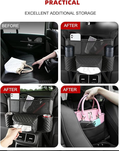Car Handbag Holder Between Seats with Multi-Pocket Large Capacity Storage Bag, Pet Kids Barrier, Driver Storage Pouch for Handbag Cup
