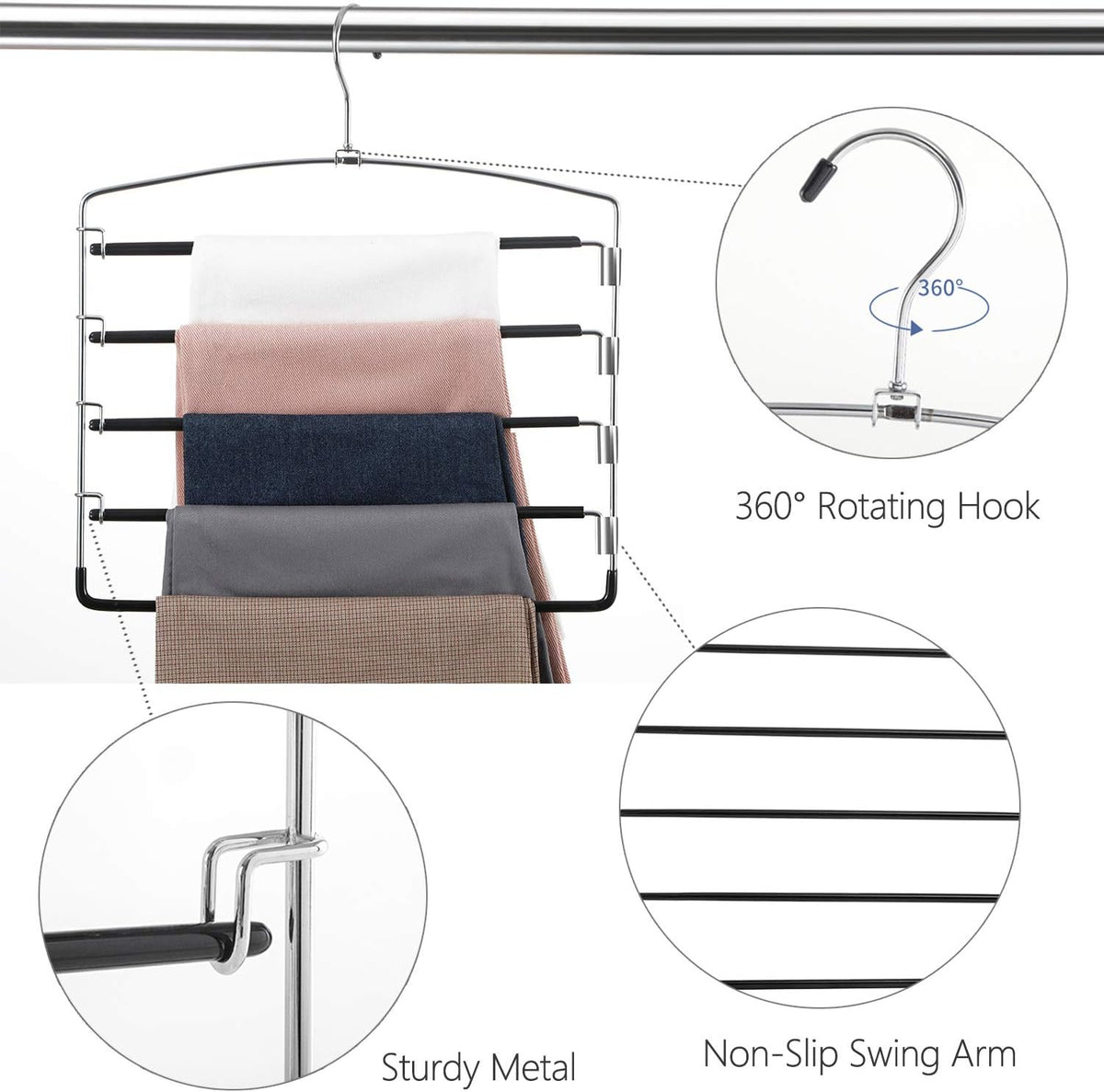 FeeraHozer Pants Hangers Non Slip 3 Pack Space Saving Hangers Multi-Layer Swing Arm Pants Hanger Stainless Steel Space Saver Hanger Closet Storage Organizer for Jeans Trouser Slacks Clothes (Black)