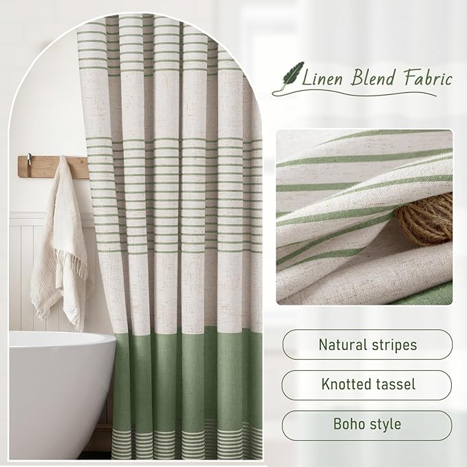 XOGUIBO Sage Green Shower Curtain Boho Linen Striped Shower Curtains for Bathroom with Tassel 72 X 80