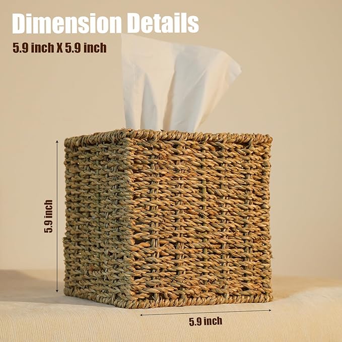 PINXIURY Seagrass Handwoven Wicker Tissue Box Cover, Natural Handmade Napkin Box Holder, Handcrafted Square Facial Tissue Holder for Bathroom, Rustic Decorative on Table and Bathroom,Boho Decorative