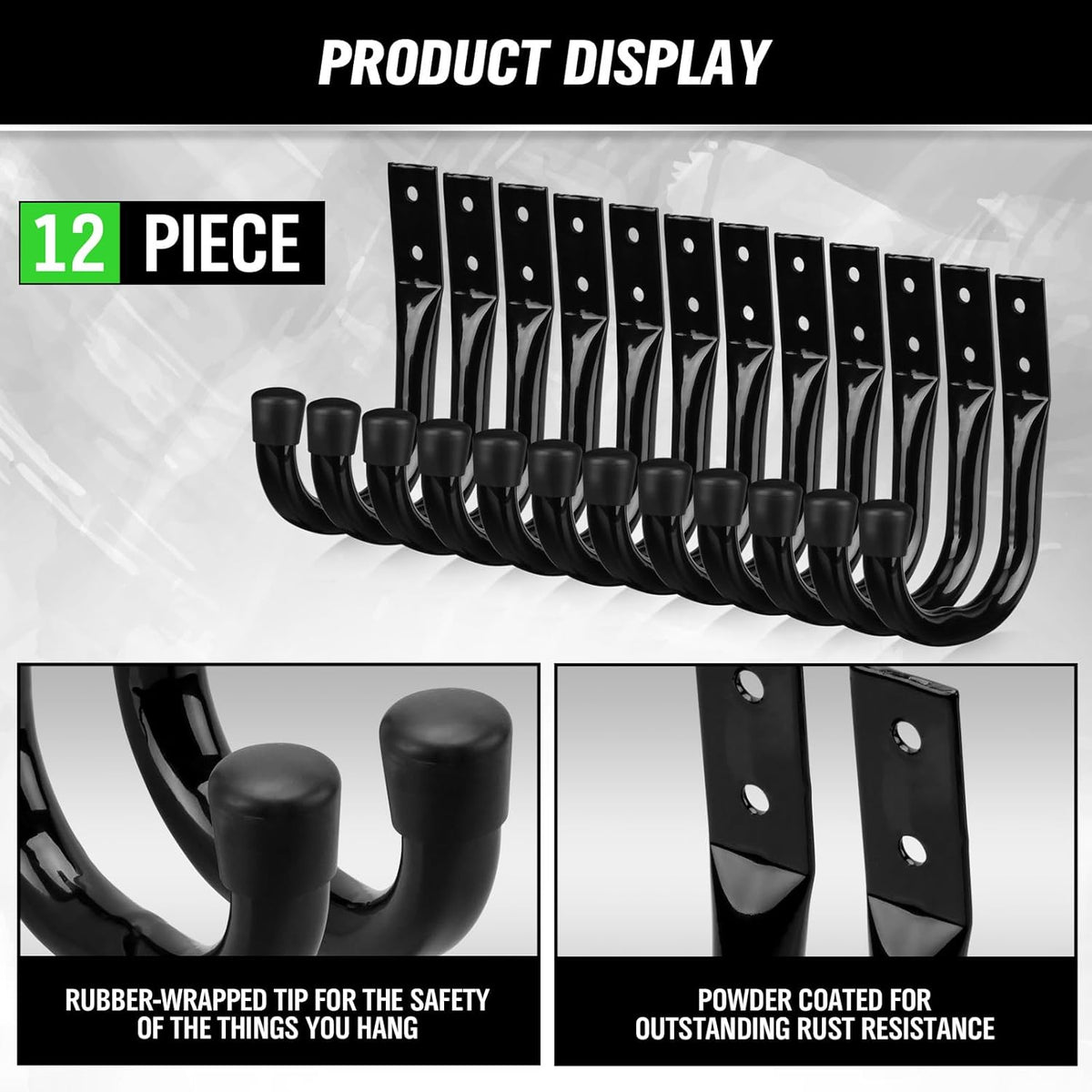 Heavy Duty Garage Storage Hooks, 12-piece Bike Hooks for Garage Wall, Utility Garage Hooks, Wall Mount J Hook for Hanging, Large Metal Storage Organizer Tool, Extension Cord Hanger