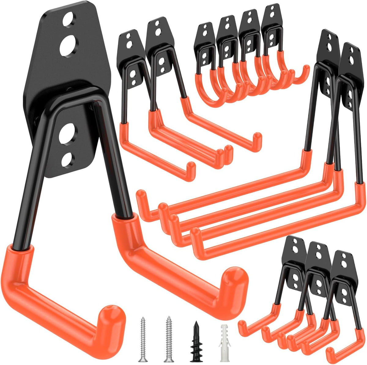TICONN 12 Pack Heavy Duty Garage Hooks, Steel Utility Wall Storage Hooks, Wall Mount Hanger Organizer for Ladders, Bikes, Tools, Bulky Items (Set, Orange)