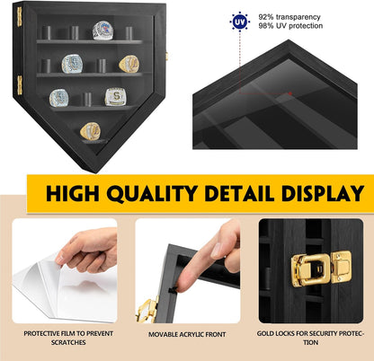 Championship Ring Display Case, 12 Ring Posts Sports Ring Display Case Wooden Shadow Box for Baseball Basketball Football Softball Award Rings Fan Souvenirs