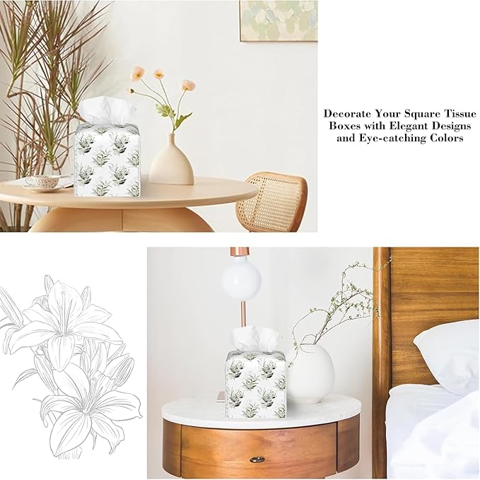 Watercolor Floral Flower Tissue Box Cover,Green Eucalyptus Leaves Waterproof Leather Square Tissue Box Cover Case Facial Paper Organizer Dispenser Box Holder for Home Office Bathroom Vanity Countertop