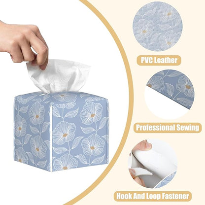 Leather Tissue Box Holder Blue Floral Tissue Box Cover Facial Paper Case Organizer Cube Napkin Dispenser for Bathroom Vanity Countertop Night Stand Office Car