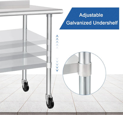 HARDURA Stainless Steel Table 30 x 36 Inches with Wheels Casters NSF Heavy Duty Commercial Prep Table with 2” Backsplash and Adjustable Undershelf for Restaurant Kitchen Home and Hotel