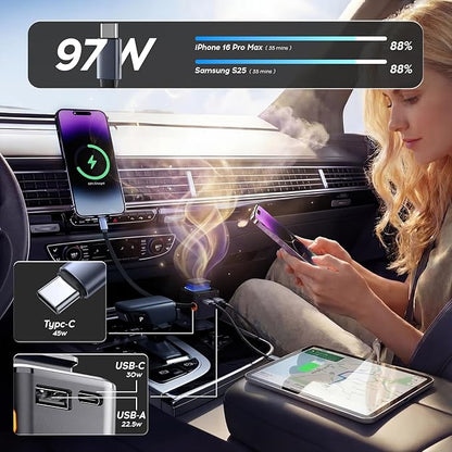 BS-01C 45W Car Charger with Retractable Type-C Cable, 30W USB C & 22.5W USB A Ports, 3-Port Super Fast Charging, Built-in Fragrance Diffuser & Safety Chip (Shop can Purchase Scent Refills)