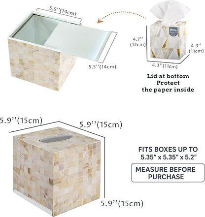 PEMAR 5.9″ Handmade Mother of Pearl Tissue Box Cover – Acacia Wood Cube, 5.35″ Interior Fits 5″ Square Boxes, Sliding Bottom, Pearly White Lacquer Rustic Farmhouse Decor