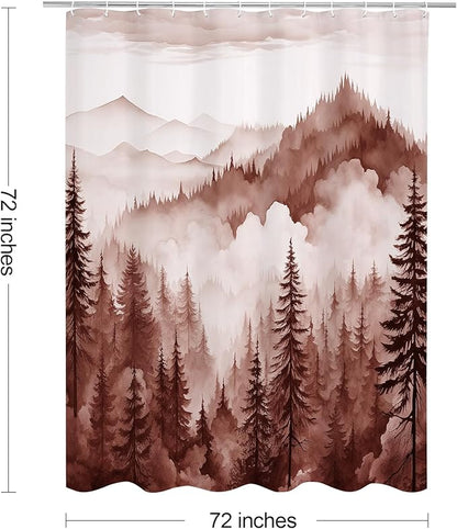 Litabel Burgundy Misty Pine Forest Shower Curtain, Mountain Foggy Woodland Scenery Tree Shower Curtains for Chic Rustic Bathroom, Abstract Modern Waterproof Nature-Themed Decor, 72x72 Inches