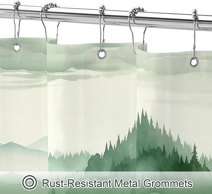 Litabel Green Small Stall Misty Pine Forest Shower Curtain 36 x 72, Mountain Foggy Woodland Scenery Tree Narrow Half Size Shower Curtains for Bathroom, Abstract Waterproof Nature-Themed Decor