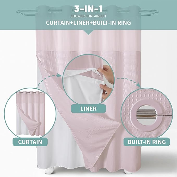 eachope BlushPink Long No Hook Waffle Weave Shower Curtain with snap-in Liner Replacement, 230GSM Waterproof Fabric Hotel Shower Curtain Set for Bathroom, Through Mesh Top Window,71Wx80H