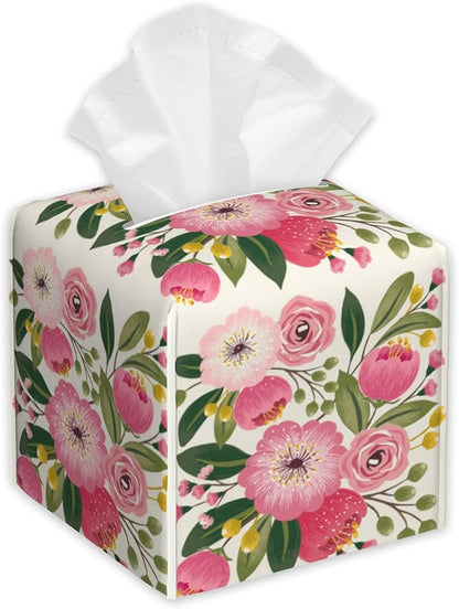 Spring Flowers Bouquet Tissue Box Cover Square,Tissue Box Holder with Belt Bottom,Stylish Leather Napkin Holder for Vanity Countertop,Nightstands,Office Desk,5.2"×5.2"×5.2"