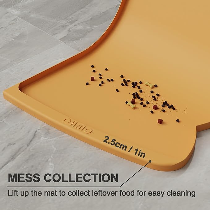 OHMO Dog Food Mat(Honey, 24 * 15'') w/Residue Collection Pocket Silicone Pet Feeding Mat for Floor High Edges Anti Spills Waterproof Cat Water Bowl Tray, Easy Clean Placemat
