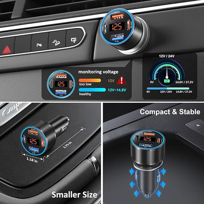 5 Pack Car Charger USB C, 65W Multi Port Dual 12V Cigarette Lighter USB Car Charger Adapter with Voltmeter PD/QC 3.0 Super Fast Charge Car Phone Charger for iPhone 17 16e 15 14 Pro Max Galaxy Android