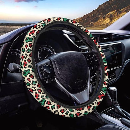 Universal Non-Slip Steering Wheel Cover, 15-inch Polyester Material Driving Accessories, Adjustable for Car and Truck(Artistic Red Green Leopard)