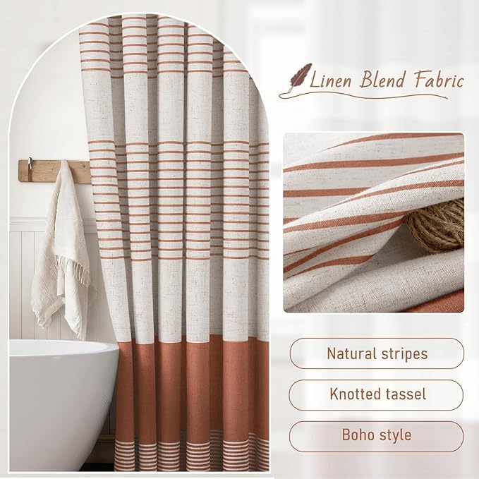 XOGUIBO Coral Shower Curtain Boho Linen Striped Shower Curtains for Bathroom with Tassel 72 X 72
