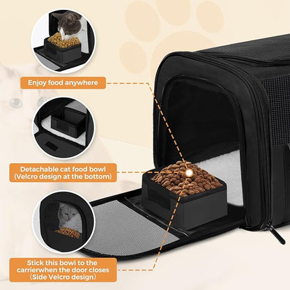Soft Cat Carrier for Pets Up to 25 lbs, Cat Pet Travel Bag with Padded Shoulder Strap and Detachable Cat Food Bowl, Pet Dog Carriers for Small Dogs and Puppies, Travel Carry, Black