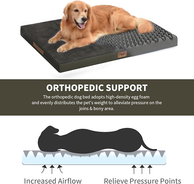 Tail Stories Large Comfy Washable Dog Bed, Orthopedic Egg Crate Foam Dog Crate Mat for Large Dogs with Removable Cover, 41x27 Inch, Coffee