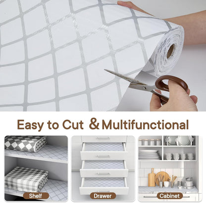 Shelf and Drawer Liner for Kitchen Cabinets Non-Adhesive, Strong Grip Non-Slip Thickened Cabinet Liners for Shelves, Waterproof Mats for Dresser Cupboard, Silver Stripe, 12 in x 10 Feet