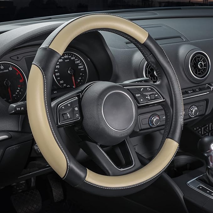 SEG Direct Car Steering Wheel Cover for Medium Standard Size Steering Wheels with 14 1/2-15 inches Outer Diameter, Black and Beige Microfiber Leather