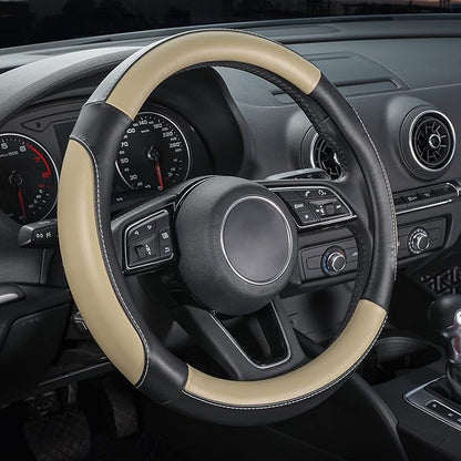 SEG Direct Car Steering Wheel Cover for Medium Standard Size Steering Wheels with 14 1/2-15 inches Outer Diameter, Black and Beige Microfiber Leather