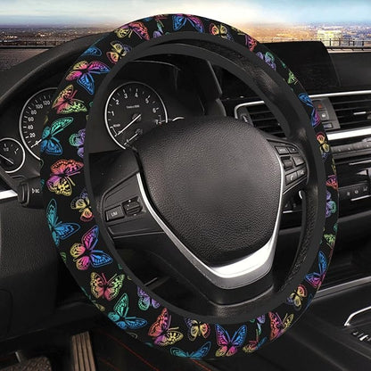 Colorful Butterfly Steering Wheel Cover Women Men Elastic Stretch Soft Car Wheel Protector Universal Breathable No-Slip Car Accessories for Truck Van SUV Auto Fit 14-15 Inches