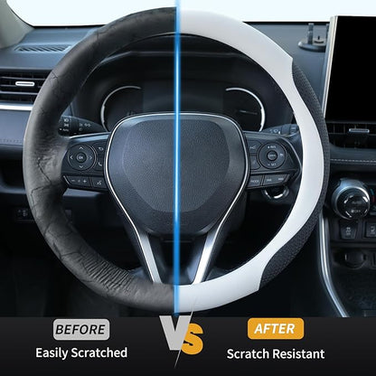 Nappa Leather Steering Wheel Cover, Universal 14.5–15 Inch Non-Slip Breathable Steering Wheel Cover for Cars, White