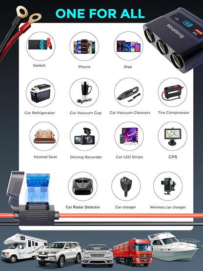 5 in 1 Cigarette Lighter Splitter, 180W Car Charger Adapter with USB PD/QC 30W (6.6FT Cable), 24V/12V Cigarette Socket Eyelet Terminal Battery Power Plug with Main Switch & LED Voltage Display