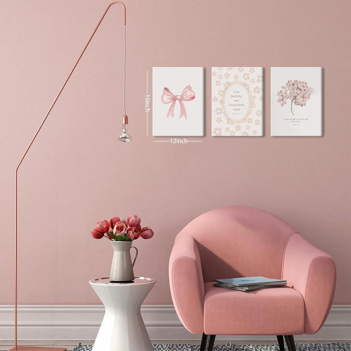 Nursery Christian Wall Art Set of 3, Bible Verse Canvas Wall Decor, Coquette Pink Bow Prints Paintings, Girl Nursery Room Pictures for Bedroom Kids Room 12x16 Inch Framed