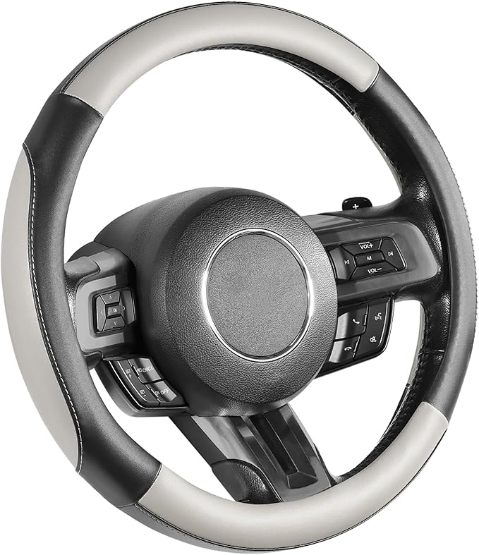 SEG Direct Car Steering Wheel Cover for Medium Standard Size Steering Wheels with 14 1/2-15 inches Outer Diameter, Black and Gray Microfiber Leather