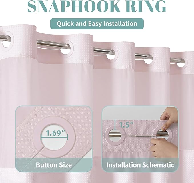 eachope BlushPink Extra Long No Hook Waffle Weave Shower Curtain with snap-in Liner Replacement, 230GSM Waterproof Fabric Hotel Shower Curtain Set for Bathroom, Through Mesh Top Window,71Wx86H