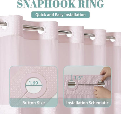 eachope BlushPink Extra Long No Hook Waffle Weave Shower Curtain with snap-in Liner Replacement, 230GSM Waterproof Fabric Hotel Shower Curtain Set for Bathroom, Through Mesh Top Window,71Wx86H