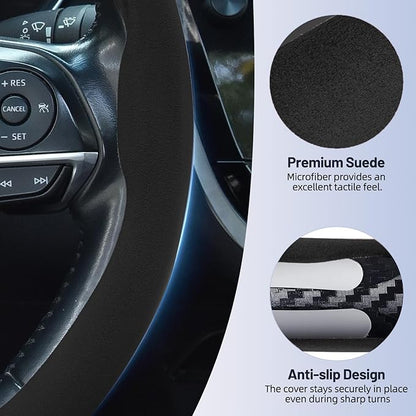Suede Steering Wheel Cover, Universal 15 Inch Car Steering Wheel Cover, Non-Slip Design,Breathable,Car Interior Accessories Black